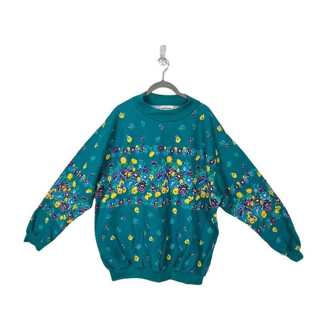 Sweatshirt Floral Granny Chic Made in USA Green Teal Purple Yellow Women SZ 1X